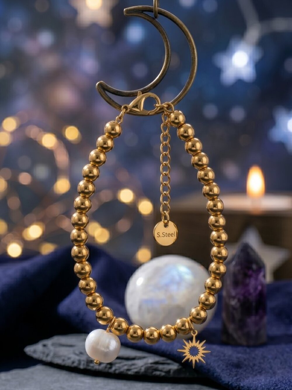 18K Gold Plated 316L Steel Beaded Bracelet Sun Charm Genuine Pearl Whimsigoth